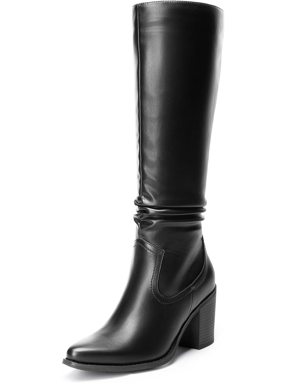 Women Black Pointed Toe Slouchy Knee-High Top Stretches Chunky Heel Chelsea Boot